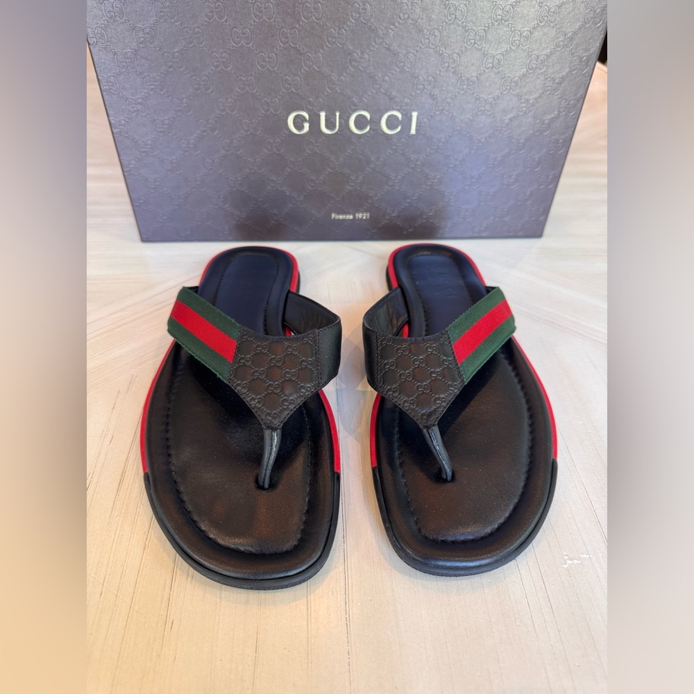 Gucci GG Microguccissima Web Leather Thong Sandals Men’s 9 Black Made in Italy - Picture 3 of 14